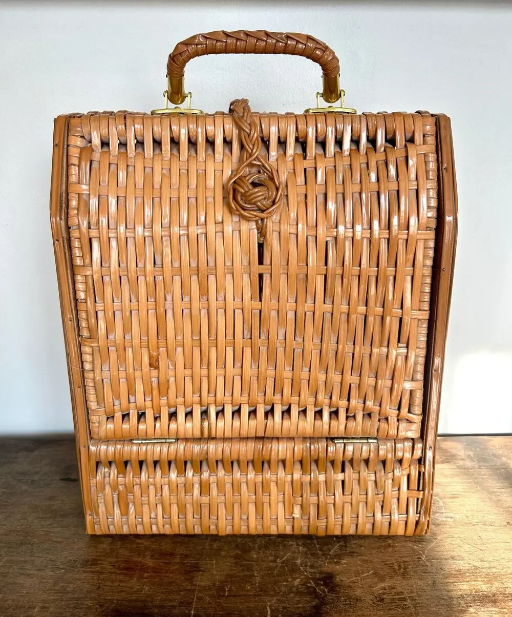 Vintage Wicker Wine Bottle Carrier Picnic Basket, Mid Century Barware Decor